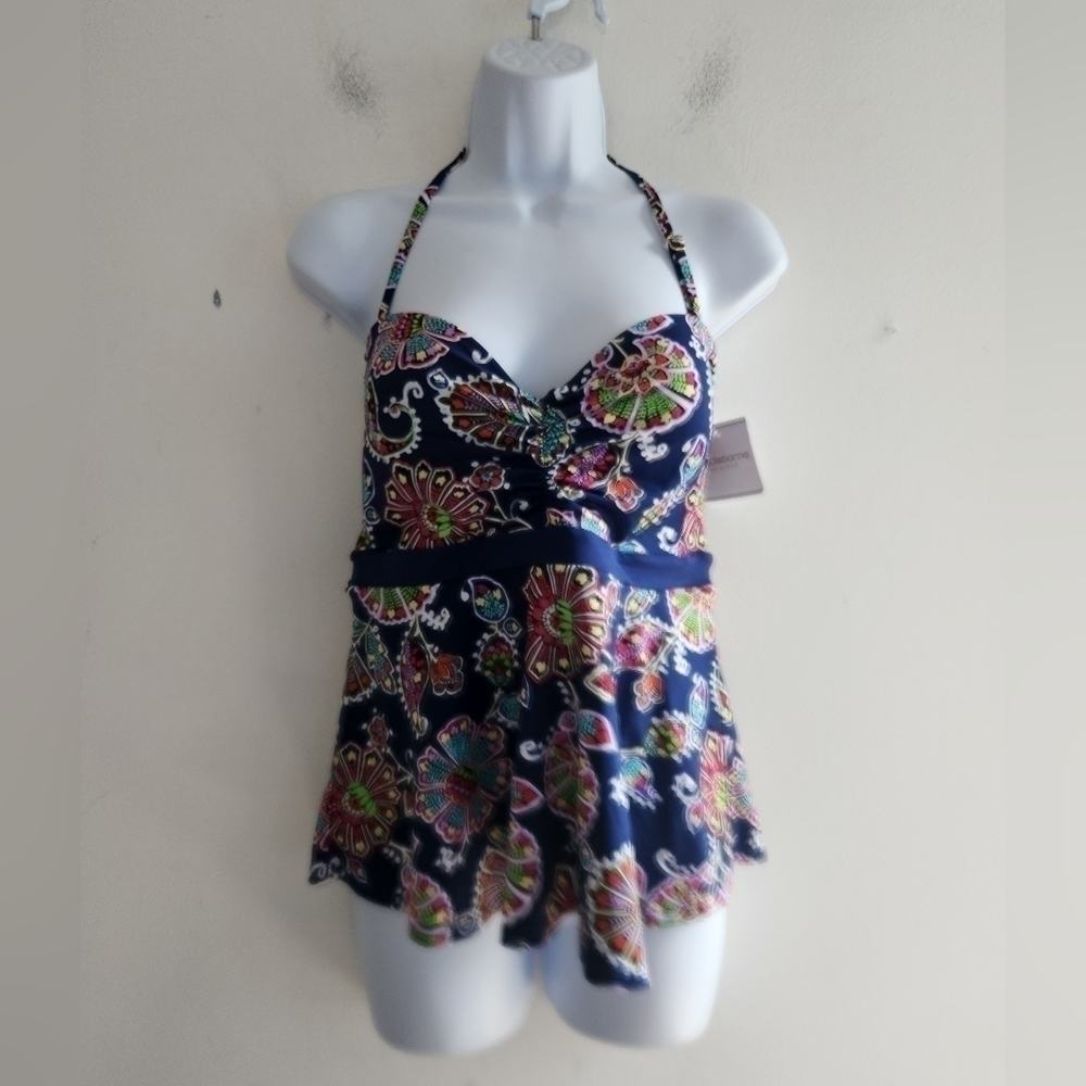 NWT Liz Claibore Navy Multicolor Floral Halter Tankini Top Swimwear size Medium